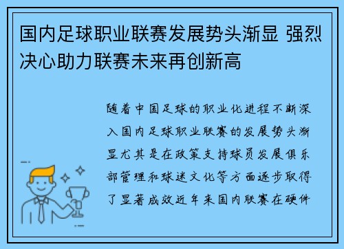 国内足球职业联赛发展势头渐显 强烈决心助力联赛未来再创新高