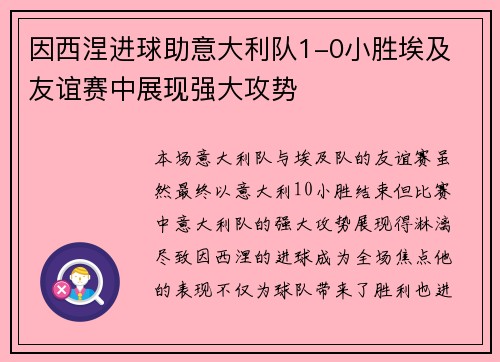 因西涅进球助意大利队1-0小胜埃及 友谊赛中展现强大攻势
