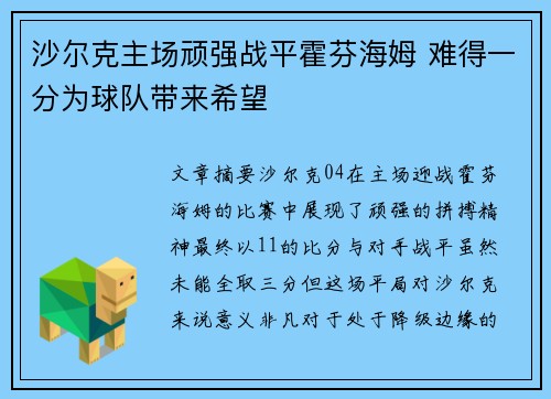 沙尔克主场顽强战平霍芬海姆 难得一分为球队带来希望