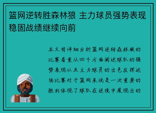 篮网逆转胜森林狼 主力球员强势表现稳固战绩继续向前