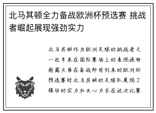 北马其顿全力备战欧洲杯预选赛 挑战者崛起展现强劲实力