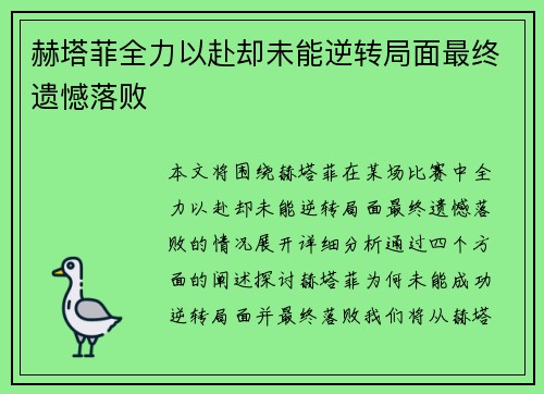 赫塔菲全力以赴却未能逆转局面最终遗憾落败