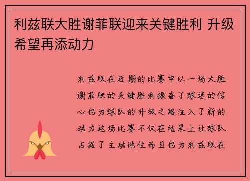 利兹联大胜谢菲联迎来关键胜利 升级希望再添动力