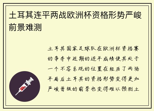 土耳其连平两战欧洲杯资格形势严峻前景难测