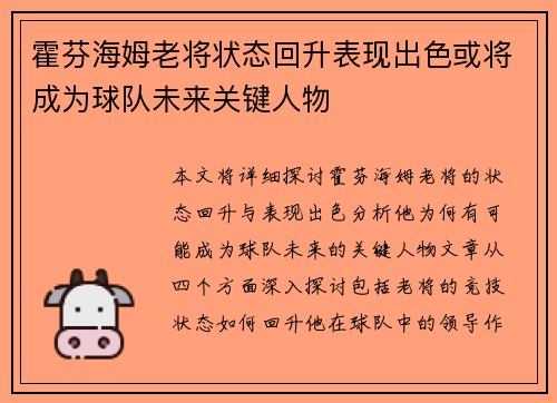 霍芬海姆老将状态回升表现出色或将成为球队未来关键人物